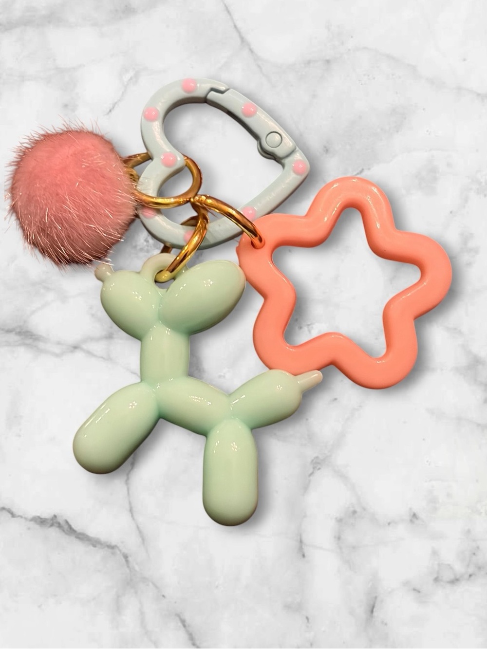 Cream Balloon Dog & Coral Star Keyring with Pink Pom - Unbranded